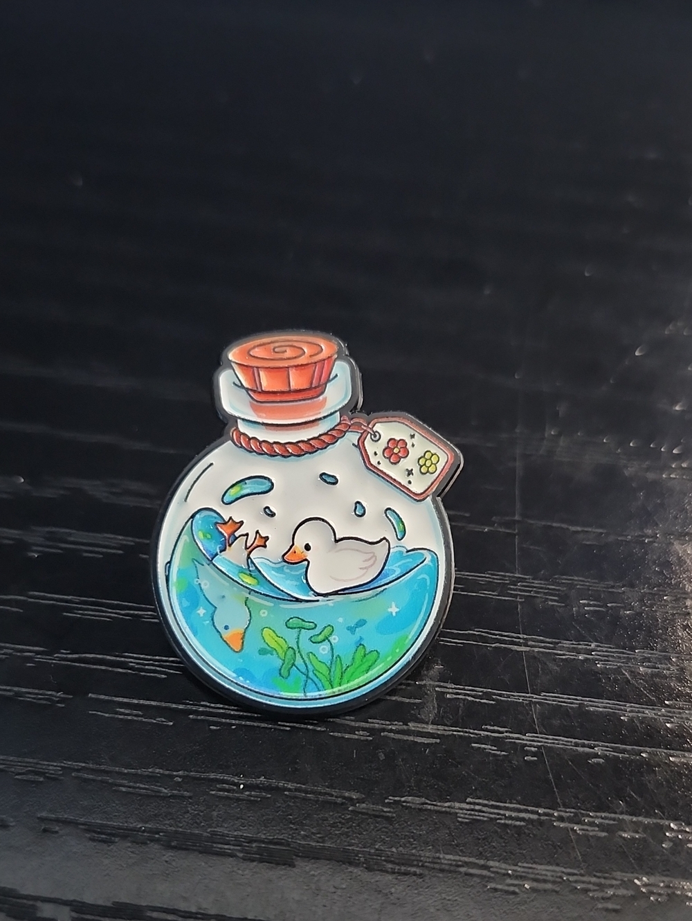 Cute Duck Bottle Enamel Pin - Blue & White